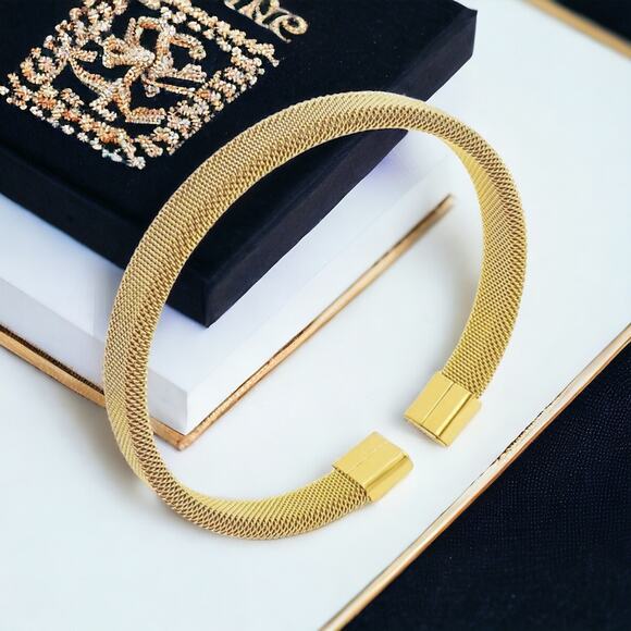 NEW 18K yellow gold mesh open cuff bracelet bangle adjustable jewelry B25A - Picture 8 of 8